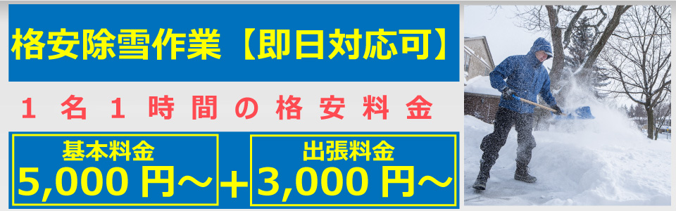 便利屋　札幌快生堂では除雪作業、雪かき作業を格安で提供中！１名１時間３，５００円～＋出張料金２，０００円～。即日対応強化中ですので、大雪の除雪作業でお困りの際はお気軽にご相談下さい。